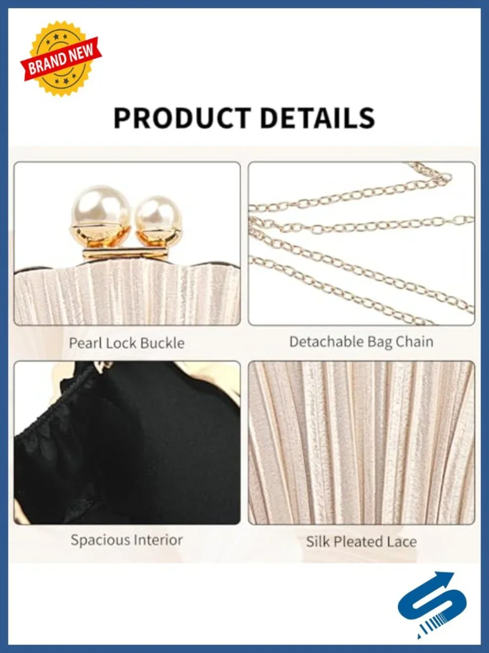 Mini Pleated Seashell Evening Clutch with Chain Strap